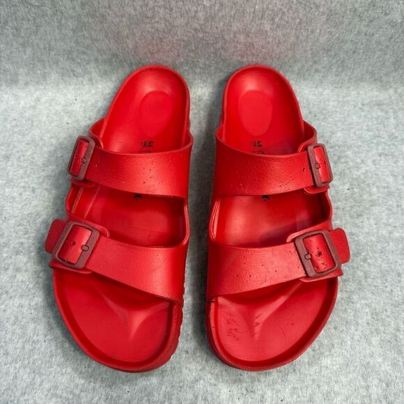 Birkenstock Sandals Mens 13 Arizona Red Rubber Flip Flop Slip On Slides Beach - Picture 1 of 10